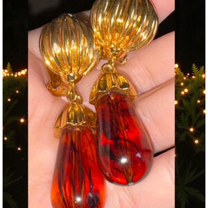 St. John Couture Gold Tone Root Beer Swirl Lucite Vintage Dangle Drop Earrings
